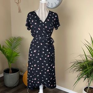 Gap Black & Pink Floral Short Sleeve MIDI Wrap Around Dress